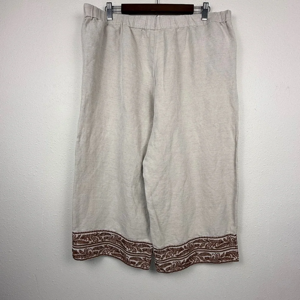 J. Jill Linen Blend Wide Leg Crop Pants Oatmeal Brown Embroidered‎ Hem Large P